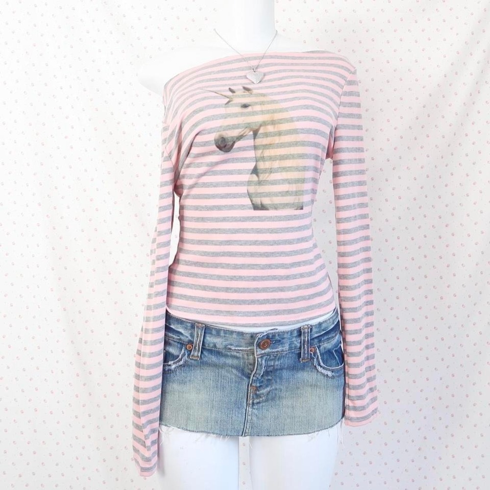 y2k striped unicorn top off shoulder long sleeve indie sleaze